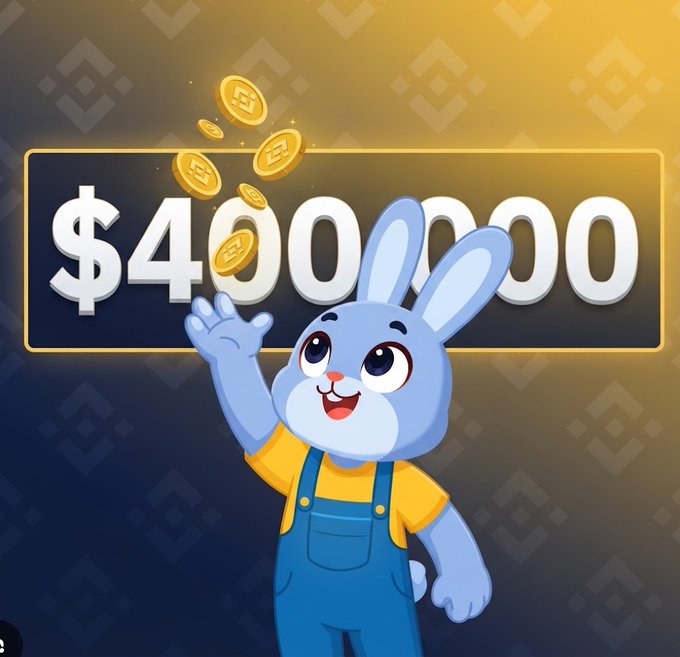 A cartoon blue rabbit character wearing a yellow shirt and blue overalls waving next to a display showing '$4,000,000' in front of Binance logo patterns.