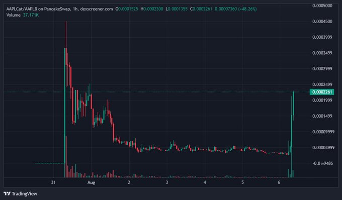 A TradingView candlestick chart for AAPL/AAPL.B on PancakeSwap shows the token dropping 48.26% to $0.0002261 on the 1h timeframe, with a notable sharp upward spike on the right side.