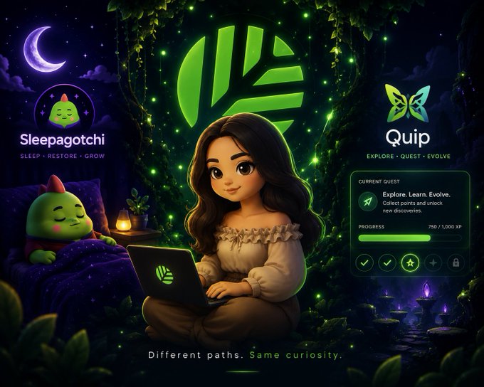 A digital illustration features a young woman with long dark hair sitting in a magical forest setting, working on a laptop, flanked by branding for "Sleepagotchi" (with tagline "SLEEP • RESTORE • GROW") and "Quip" (with tagline "EXPLORE • QUEST • EVOLVE"), plus a quest tracker showing "Explore. Learn. Evolve" at 750/1,000 XP progress. The tagline "Different paths. Same curiosity" ties the image to the post, which highlights the user's balanced routine of improving sleep through Sleepagotchi, following CNPY Network's developments, and continuing progress on Quip Network.
