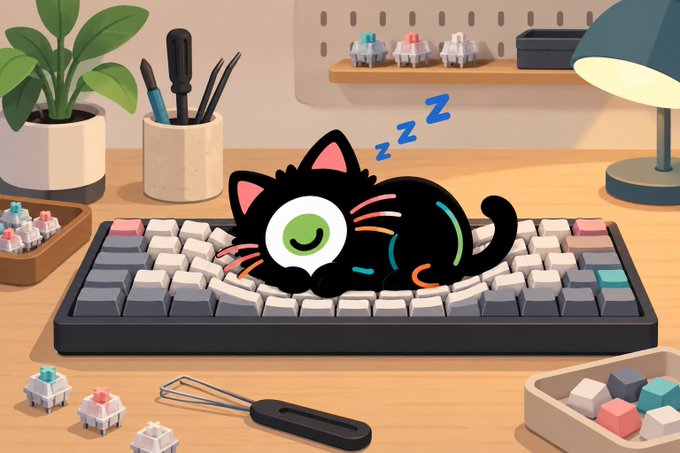 A colorful illustration of a black and white cat sleeping on top of a computer keyboard, with a desk, plant, lamp, and loose keyboard switches in the background.