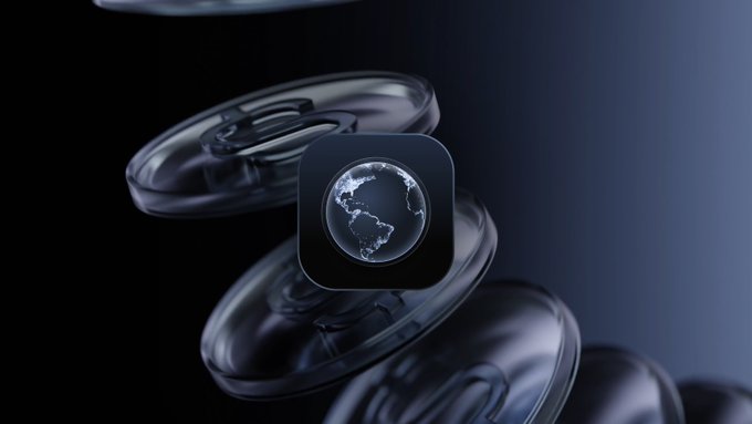 A dark 3D rendering of a glass globe app icon depicting Earth, floating amid reflective disc-shaped objects against a blue gradient background.