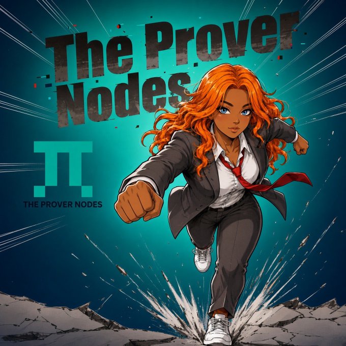 An anime-style cover art titled 'The Prover Nodes' shows a red-haired woman in a business suit with a red tie, punching forward with cracked ground beneath her on a teal background.