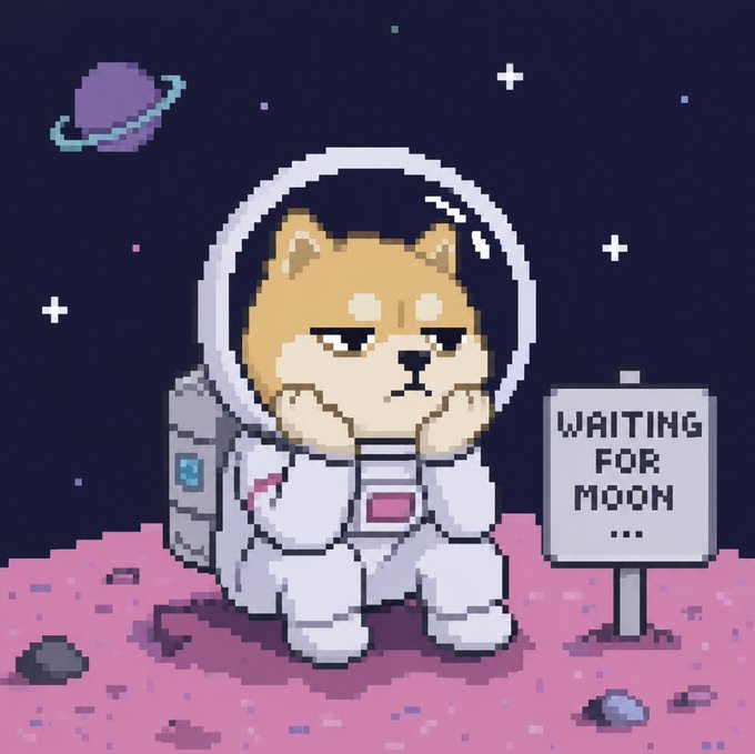 The image features a small brown dog wearing an astronaut suit, sitting on a pink planet with a sign that says "Waiting for Moon" next to it. The scene suggests that the dog might be waiting for someone or something related to space exploration or an event involving the moon.
