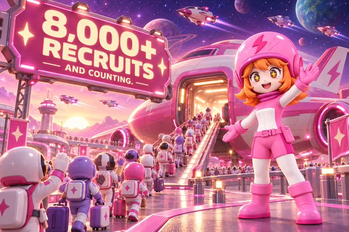 A vibrant, anime-style digital illustration showing a pink-clad character waving at a crowd boarding a spaceship. A large billboard reads '8,0000+ RECRUITS AND COUNTING.'