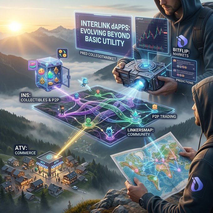 A promotional image titled "INTERLINK dAPPS: EVOLVING BEYOND BASIC UTILITY" depicts people using a futuristic device and map to interact with various decentralized applications including BitFlip Markets, Predictions, P2P Trading, Linkersmap, ATV Commerce, and iNs Collectibles & P2P.