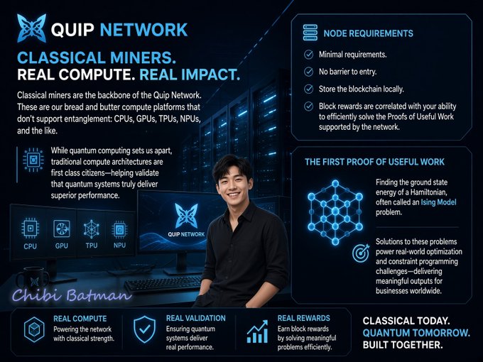 A promotional graphic for the 'QUIP NETWORK' titled 'CLASSICAL MINERS. REAL COMPUTE. REAL IMPACT.' features a smiling young man, icons for CPU, GPU, TPU, NPU, and text about node requirements and Proofs of Useful Work, with 'Chibi Batman' written in the corner.