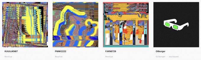 A row of four NFT-style artworks on RevsLue: three abstract glitch-textured pieces by KUUKN67, FNNK2222, and FJN6729, followed by a minimalist white sunglasses illustration titled 'sOulbound' by Oliburger.
