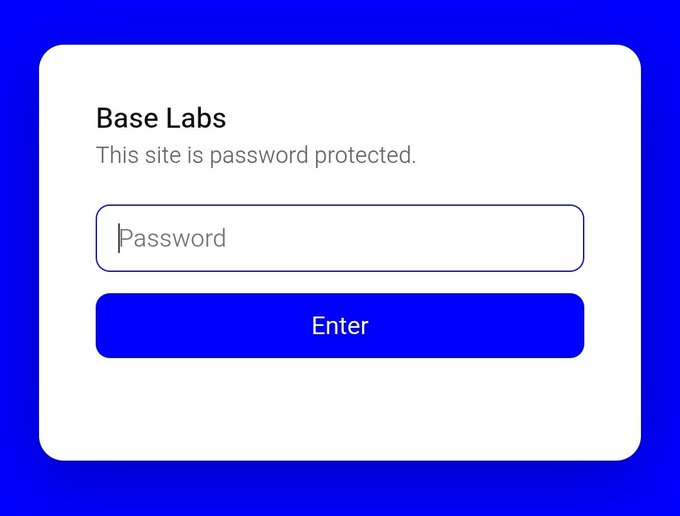 A password protection screen for 'Base Labs' with a blue background, displaying a password input field and an 'Enter' button.