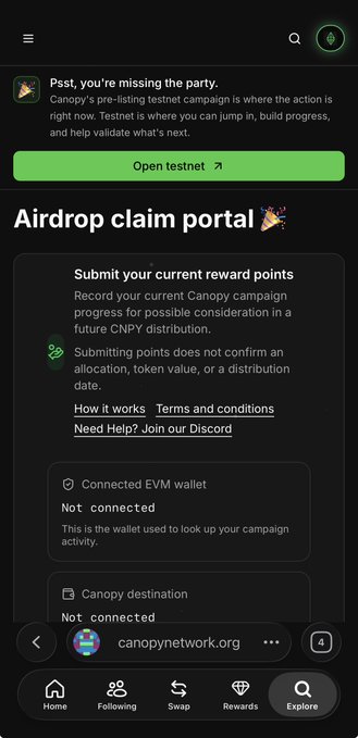 The image shows the Canopy Network airdrop claim portal at app.canopynetwork.org/claim, displaying a banner inviting users to "join the party" on the Canopy pre-listing testnet, along with options to connect an EVM wallet and select a Canopy destination. The page reflects the post's instructions, showing the "Not connected" status for both the EVM wallet and Canopy destination sections that users would need to set up to claim rewards.