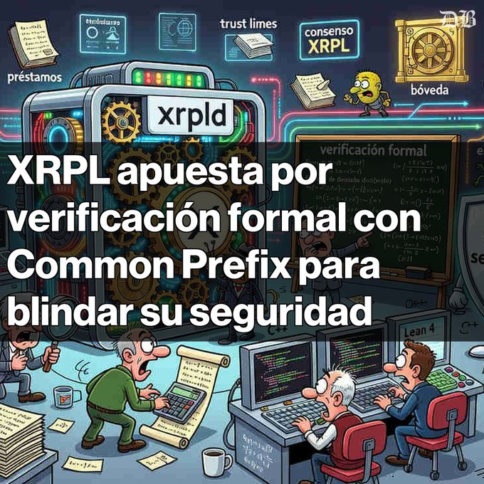 A cartoon-style illustration shows developers working on the XRPL (labeled "xrplD") with terms like "préstamos," "bóveda," "consenso XRPL," and "trust lines" floating around, alongside a chalkboard displaying "verificación formal" equations and a screen labeled "Lean 4." The image visually represents the post's theme of XRPL partnering with Common Prefix to implement formal verification methods to strengthen security in version 3.2.0.