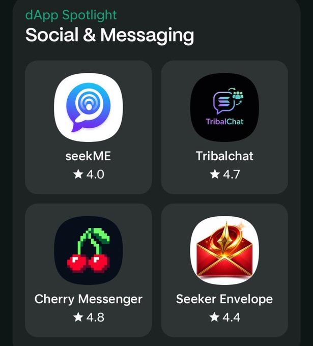 A 'dApp Spotlight' on Social & Messaging featuring four apps: seekME (4.0 stars), Tribalchat (4.7 stars), Cherry Messenger (4.8 stars), and Seeker Envelope (4.4 stars).