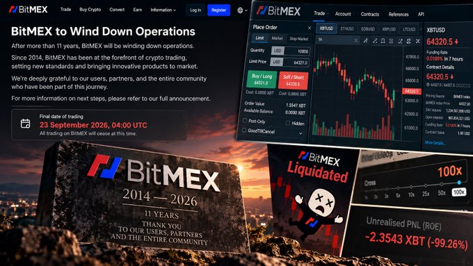 A screenshot of the BitMEX website announces 'BitMEX to Wind Down Operations' with a final trading date of 23 September 2026, showing trading interfaces and a memorial graphic reading 'BitMEX 2014-2026 THANK YOU'.