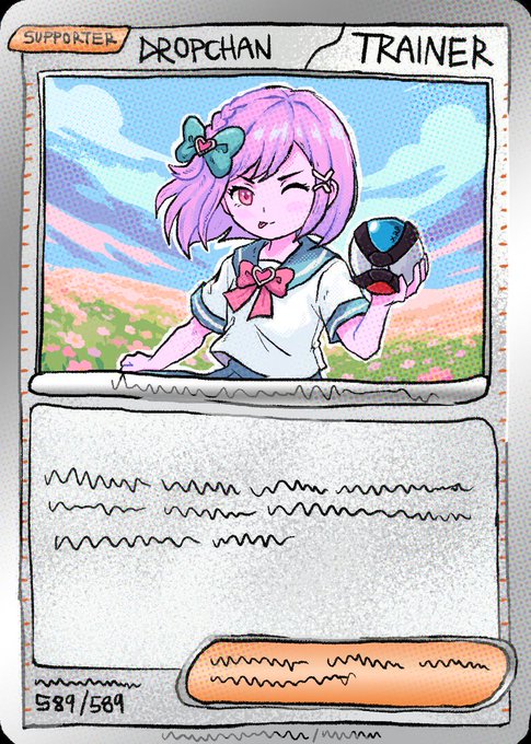A hand-drawn Pokémon-style trading card featuring "Dropchan" labeled as a "Supporter/Trainer," showing a pink-haired anime character winking while holding a Poké Ball, with "589/589" printed at the bottom, matches the Ripplemon NFT card announced in the post (priced at 2 XRP, 20 editions).