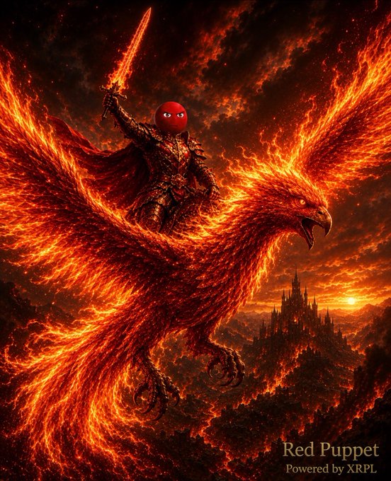 A fantasy artwork depicting a warrior in armor with a fiery sword riding a massive flaming phoenix above a castle, with the red puppet character overlaid and text reading 'Red Puppet Powered by XRPL'.