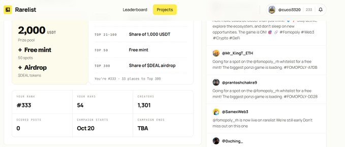 A Rarelist project page shows a prize pool of “2,000 USDT,” leaderboard and projects tabs, a free mint, airdrop rewards, and social-feed posts.