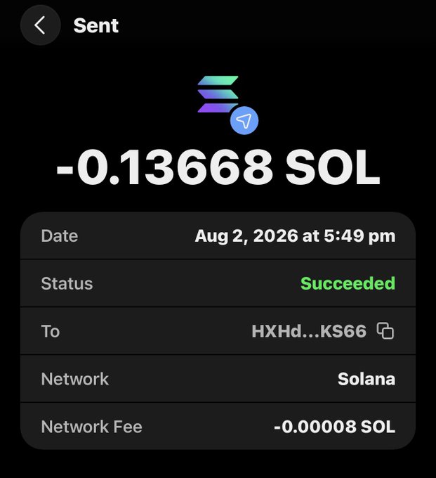 A mobile cryptocurrency transaction confirmation screen showing -0.13668 SOL sent on the Solana network, dated Aug 2, 2026, with a Succeeded status.