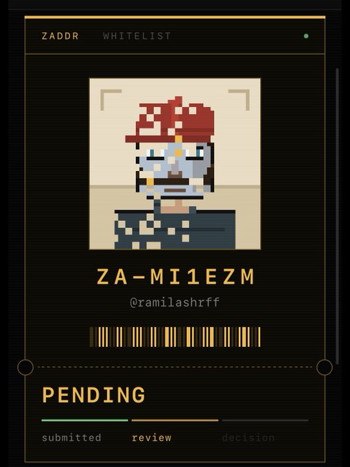 A digital interface showing a "WHITELIST" entry for "ZADDR" with a pixel art portrait of a person with red hair and a mustache, the username "ZA-MI1EZM" with handle "@ramilashrff", a barcode, and a "PENDING" status with a progress bar indicating "submitted", "review", and "decision".