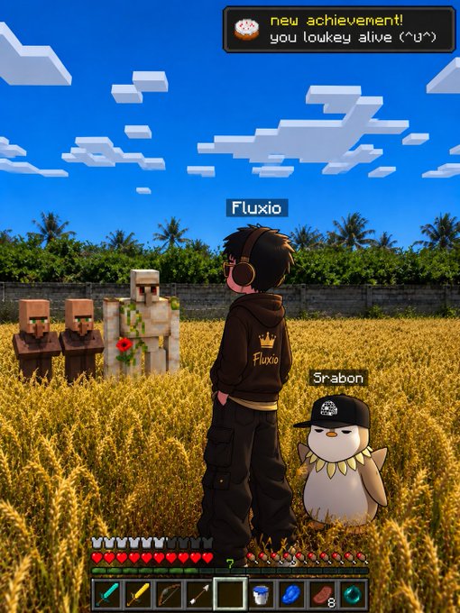 A Minecraft gameplay screenshot shows a player named 'Fluxio' standing in a wheat field near an Iron Golem and villagers, with an achievement notification reading 'new achievement! you lowkey alive (^_^)' and a pet penguin named '5rabon' beside them.