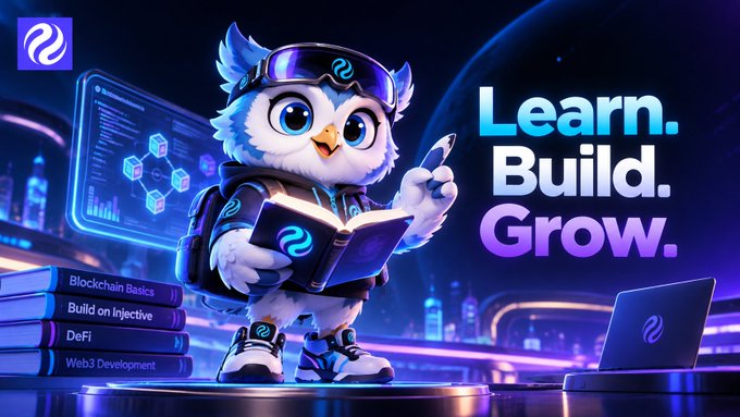 A colorful cartoon owl in a black hoodie and goggles holds a tablet and stylus beside the large text “Learn. Build. Grow.”