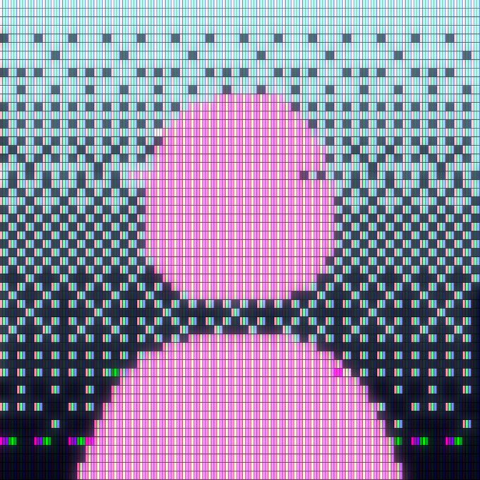 A pixelated, low-resolution image displays a pink silhouette or figure against a dark background with white pixel patterns.