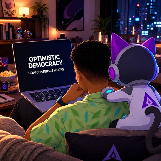 An illustration of a person watching 'OPTIMISTIC DEMOCRACY: HOW CONSENSUS WORKS' on a laptop while cuddling with a purple and white cat-like robotic companion in a cozy cyberpunk-themed room.