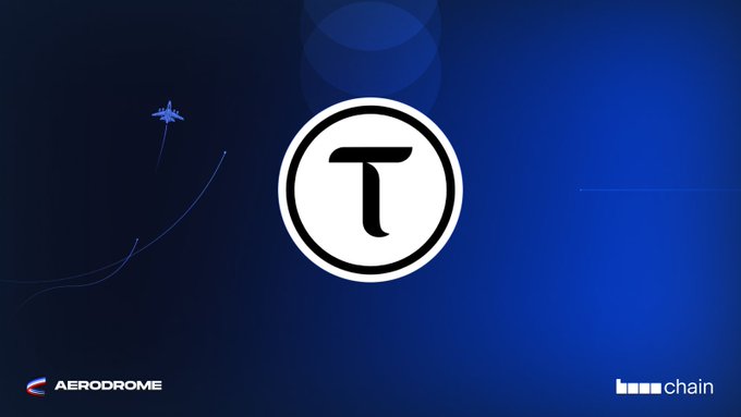 A dark blue graphic features a central white circular logo with a stylized "T," accompanied by a small airplane graphic trailing a flight path. The bottom corners display the "AERODROME" and "base chain" logos, visually announcing that $TAO is now live on the Base network via Aerodrome.