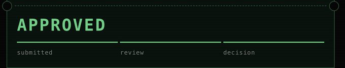 A status indicator displaying 'APPROVED' with a progress bar showing three stages: submitted, review, and decision.