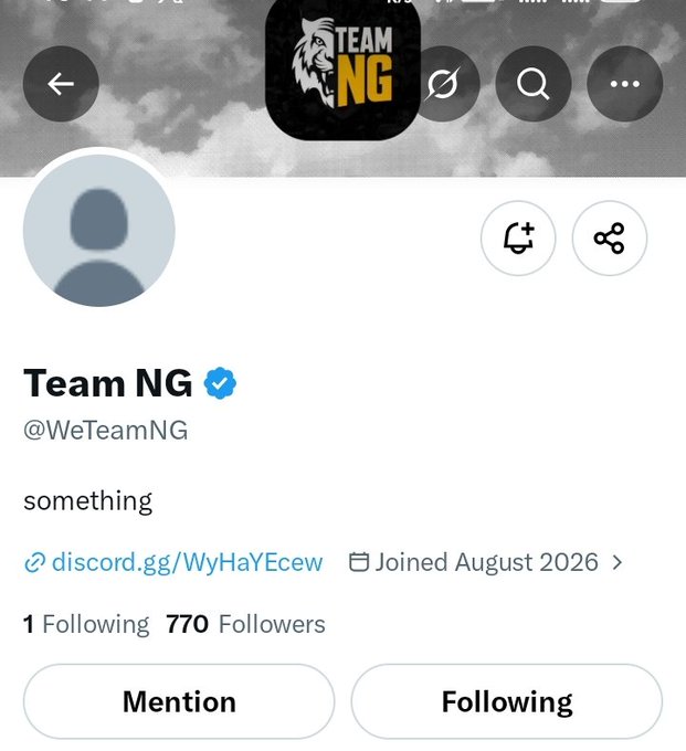 A screenshot of a Twitter/X profile for "Team NG" with the handle @WeTeamNG, showing a lion logo with "TEAM NG" text, 770 followers, 1 following, and a Discord link discord.gg/WyHaYEcew.