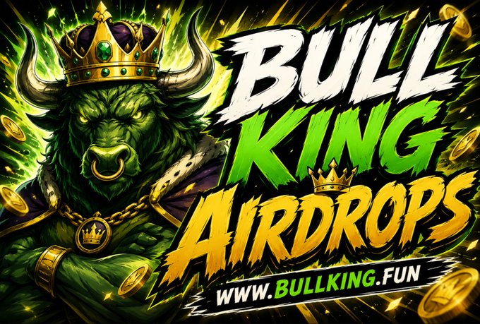 The image features a green bull king with a crown and the text "BULL KING AIRDROPS" along with the website www.BULLKING.FUN, directly promoting the free $BULLKING airdrop mentioned in the accompanying post.