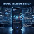 A dark promotional graphic with the heading 'HOW DO THE RISKS DIFFER?' showing a smartphone displaying trading charts surrounded by terms like 'JACKPOTING', 'EVOLVING FASTER', and 'PROTECTING PORTFOLIOS'.