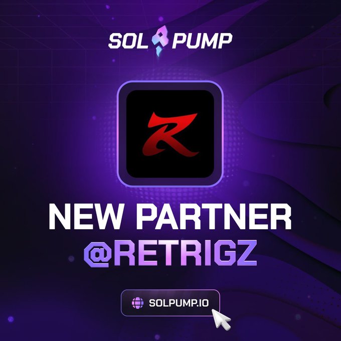 A promotional graphic with a purple background announcing 'SOL PUMP' as a 'NEW PARTNER @RETRIGZ', featuring a stylized red 'R' logo and a button linking to 'SOLPUMP.IO'.