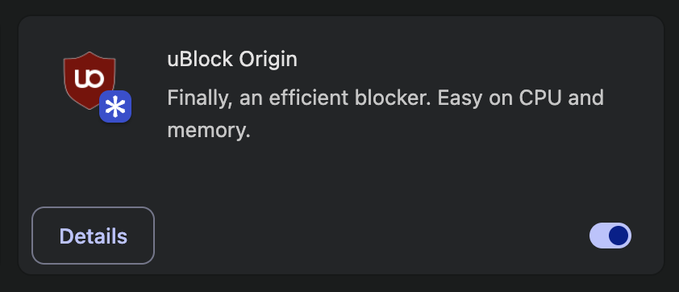 The image shows a screenshot of the uBlock Origin extension panel in a web browser, with the tagline "Finally, an efficient blocker. Easy on CPU and memory" and its toggle switched on. The post "that must suck" likely refers to the irony that despite the ad blocker being designed to improve browsing efficiency, something else (perhaps the browser, computer, or website) is still performing poorly.