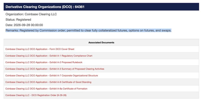A screenshot of a CFTC webpage showing that 'Coinbase Clearing LLC' is registered as a Derivative Clearing Organization (DCO: 64361), permitted to clear futures, options, and swaps.