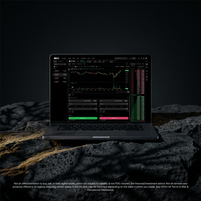The image features an open laptop with a screen displaying an active trading platform that tracks stock prices. The laptop is sitting atop a rock or stone surface, suggesting that it's in a natural setting like a park or outdoors area. The main point of interest seems to be the performance and features of the platform as well as the market conditions at the moment the image was taken. There are no other objects present in the image apart from the laptop itself and the rock/stone surface, making this scene visually appealing with its blend of technology and nature.