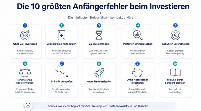 A poster with a blue background showing various strategies for investing money, including stocks, bonds, mutual funds and real estate properties. The words "Egal" are written above the poster with several other options such as "Gold DIESE 10 FEHLER sind beim Investieren um jeden Preis zu vermeiden!", "hkcmanagement.de/hkcmnews/die-1 …" and a post title that reads, " Die 10 gravestone anfinderfehlen investierren: die nicht liebe vorheugschwind! Egal, ob Finanz-Frischling oder Börsen-Profi Egal, ob ...".