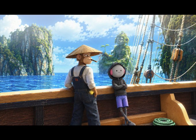 An animated scene showing a fisherman in overalls and straw hat standing next to a hooded character on a wooden boat, with tropical islands and ocean in the background.