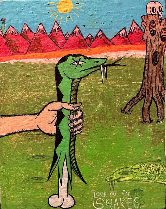 A colorful painting depicting a green snake with fangs being held by a hand, with a skull on a tree stump in the background and the text "LOCK OUT FOR SNAKES" at the bottom.