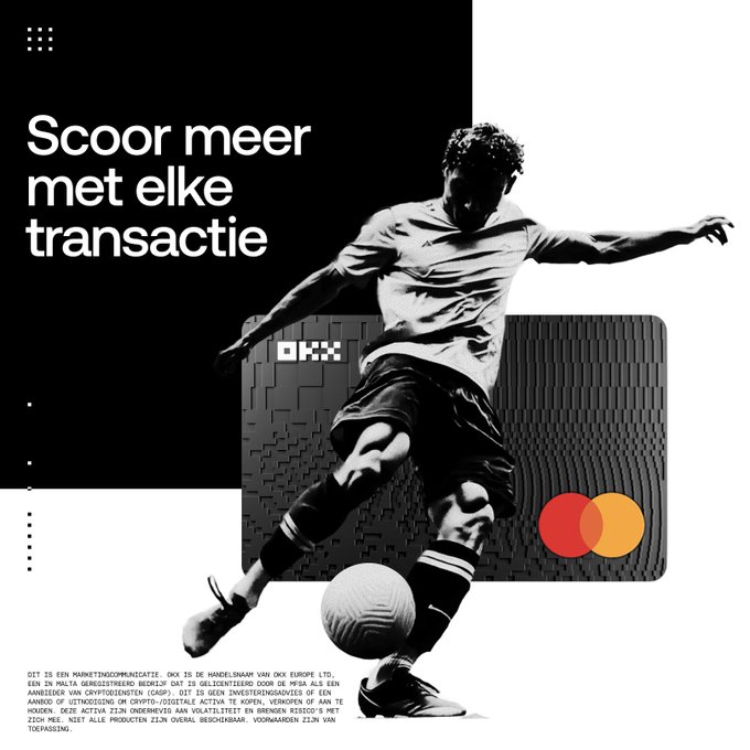 The image features a soccer player kicking a ball, with a credit card company's logo displayed below him. The text above the soccer player reads "Scoor méer met elke ek trezactie", which translates to "Scoor is met elke ek trezactie" in English. Below the soccer player, there are two lines of text that read "Bested. Schiet. Cashback Beste. Schot. Neem 3 schoten. Je beste scoer méer met elke ek trezactie", which translates to "The bestest cashback is on top of the soccer player's head". The image also includes a credit card company logo, and there are two lines of text below it that read "Beschikbaar tot 28 juni. Voorwaarden van toepassing. →".