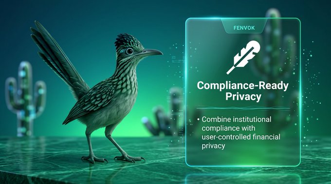 A digital marketing graphic featuring a roadrunner bird in a green-lit desert setting alongside a card titled 'FENVOK - Compliance-Ready Privacy' with bullet point 'Combine institutional compliance with user-controlled financial privacy'.