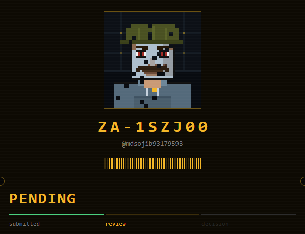 A pixel-art prisoner character with a green cap, mustache, and gray uniform appears on a submission screen displaying the ID 'ZA-1SZJQ0' and '@mdsojib93179593', with a progress bar at 'PENDING submitted review decision'.