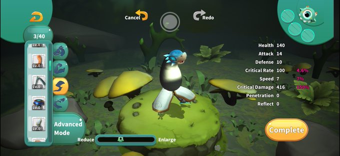 A mobile game interface showing a penguin character on a mushroom in a forest setting, with character stats displayed on the right side.