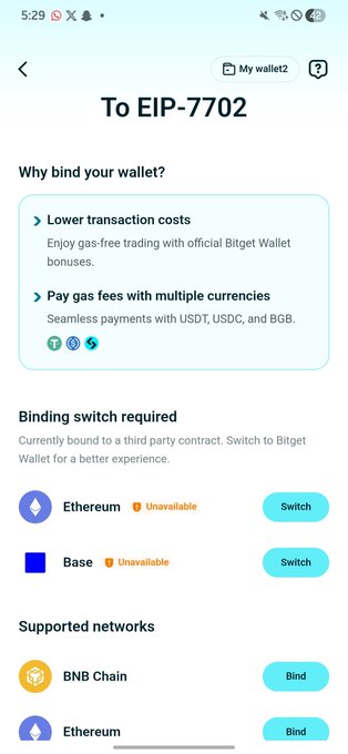 A mobile screenshot of the Bitget Wallet app showing a "To EIP-7702" wallet binding screen, which lists benefits like lower transaction costs and multi-currency gas fees, and indicates that Ethereum and Base networks are currently bound to a third-party contract. The image supports the reminder about revoking approvals, as it prompts the user to "Switch" away from third-party contract bindings to use Bitget Wallet directly.