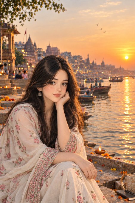 A digital illustration of a young woman with long dark hair wearing a floral traditional dress, sitting by a river at sunset with a city skyline and boats in the background, resembling Varanasi.