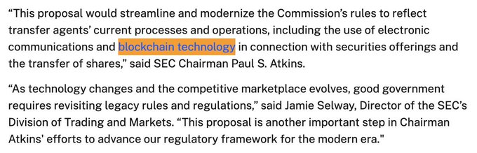 The image shows a quote highlighting the SEC's proposal to modernize rules for transfer agents, with "blockchain technology" emphasized in an orange box. The accompanying statement from SEC Chairman Paul S. Atkins and Director Jamie Selway supports using blockchain for securities offerings and share transfers, directly illustrating the post's news about the SEC proposing new blockchain-supporting rules.