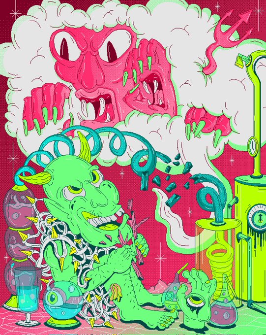 The image features a cartoon illustration of a green monster with horns, surrounded by various objects such as a clock, a cup, and a wine glass. The monster appears to be smoking something out of a pipe or a bottle, which adds an element of surrealism to the scene. The background is a mix of pink and white colors, creating a vibrant atmosphere that complements the cartoon illustration. The post includes text that reads "Mighty smoke 15 eds at 11.11 xtz // LIVE NOW on Objkt". This suggests that the image might be related to an online art gallery or social media platform where artists showcase their work for others to view and appreciate.