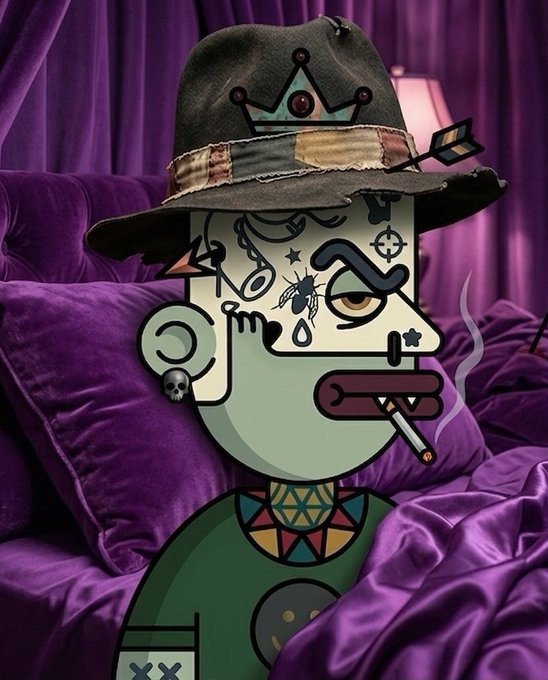 The image features an animated cartoon character wearing a hat with various decorations, including a crown and tassel. The cartoon person has tattoos on their face and appears to be smoking a cigarette while sitting on top of a bed covered with purple sheets. The picture is accompanied by text that reads "GN Origination L To every holder out there while the rest of CT sleeps on this we're sitting on → 2x multiplier locked → raffle entries stacked → 10K @Appreciators_IO didn't build this overnight". The image captures a scene with an artistic and quirky cartoon character.