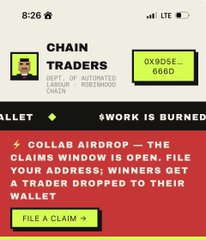 The image is a mobile screenshot of a Chain Traders wallet claiming page displaying wallet address "0x9D5E...666D" with an ETH balance of 0 and an "AIRDROP ELIGIBLE" status. It promotes a giveaway where winners can file a claim through the "COLLAB AIRDROP" window that is now open, aligning with the post's instructions to submit a wallet at chaintraders.fun/airdrop for the NFT collab giveaway.
