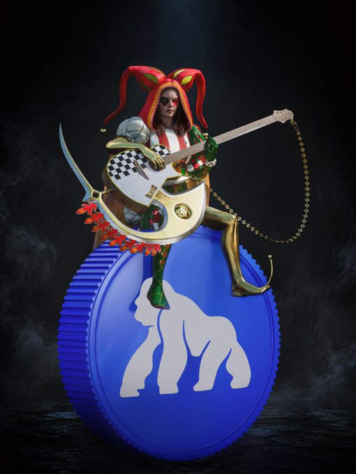 A jester-like warrior figure with rabbit ears and jester attire wields an electric guitar while standing atop a large blue coin featuring the ApeChain gorilla logo, visually representing the "Eternal Blades" warriors collection launching on ApeChain.
