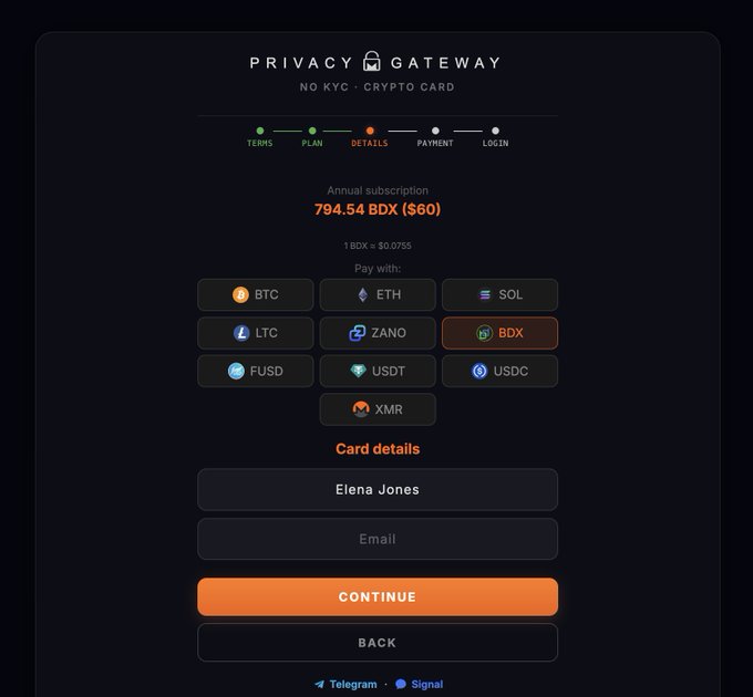 A Privacy Gateway checkout page showing a $60 annual subscription priced at 794.54 BDX, with payment options including BTC, ETH, SOL, LTC, ZANO, BDX, FUSD, USDT, USDC, and XMR. The form displays "Elena Jones" pre-filled in the name field, illustrating how Beldex's BDX token can be used to pay for the crypto card subscription as highlighted in the accompanying post.