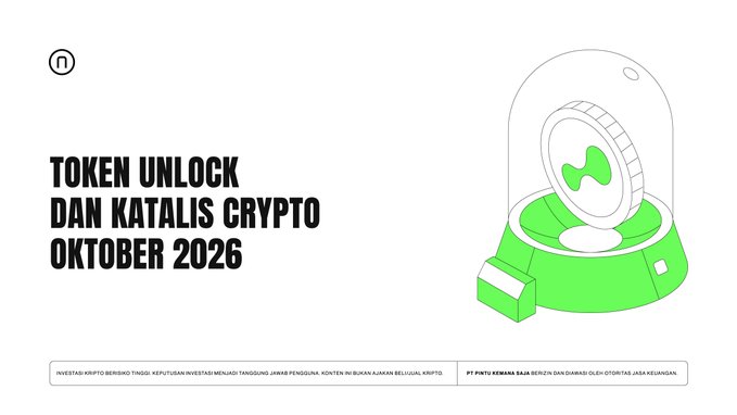 A clean, minimal graphic promoting "Token Unlock dan Katalis Crypto Oktober 2026" — featuring a green and white line-art illustration of a coin locked inside a glass dome beside a briefcase — paired with a Pintu disclaimer noting that crypto assets are high-risk and not guaranteed by any financial authority.